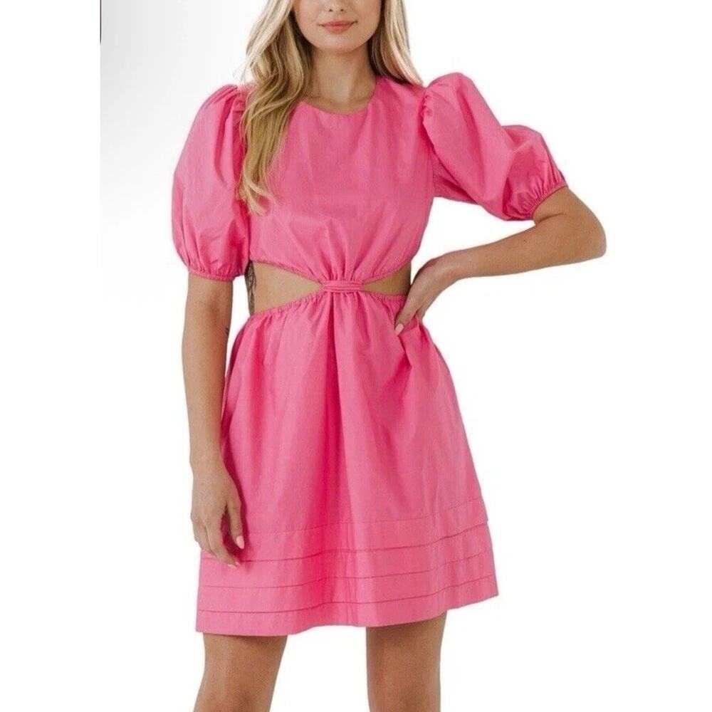 Women's English Factory Puff Sleeves Pleats Cut Out Mini Pink Dress Sz M NWT